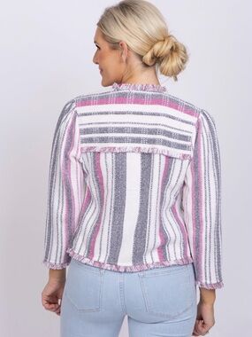 NIC+ZOE sz. XL Dashing Days Open Front Fringe Jacket Cardigan White Pink Striped